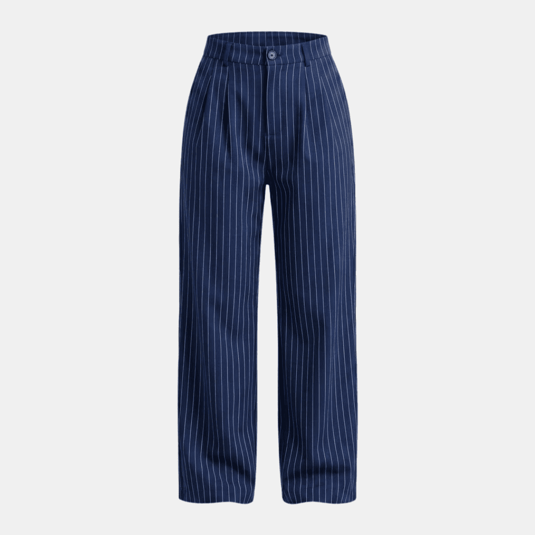 Women’s pinstripe high-waisted wide-leg trousers by Tammy Bradley, showcasing the tailored fit and classic pattern.