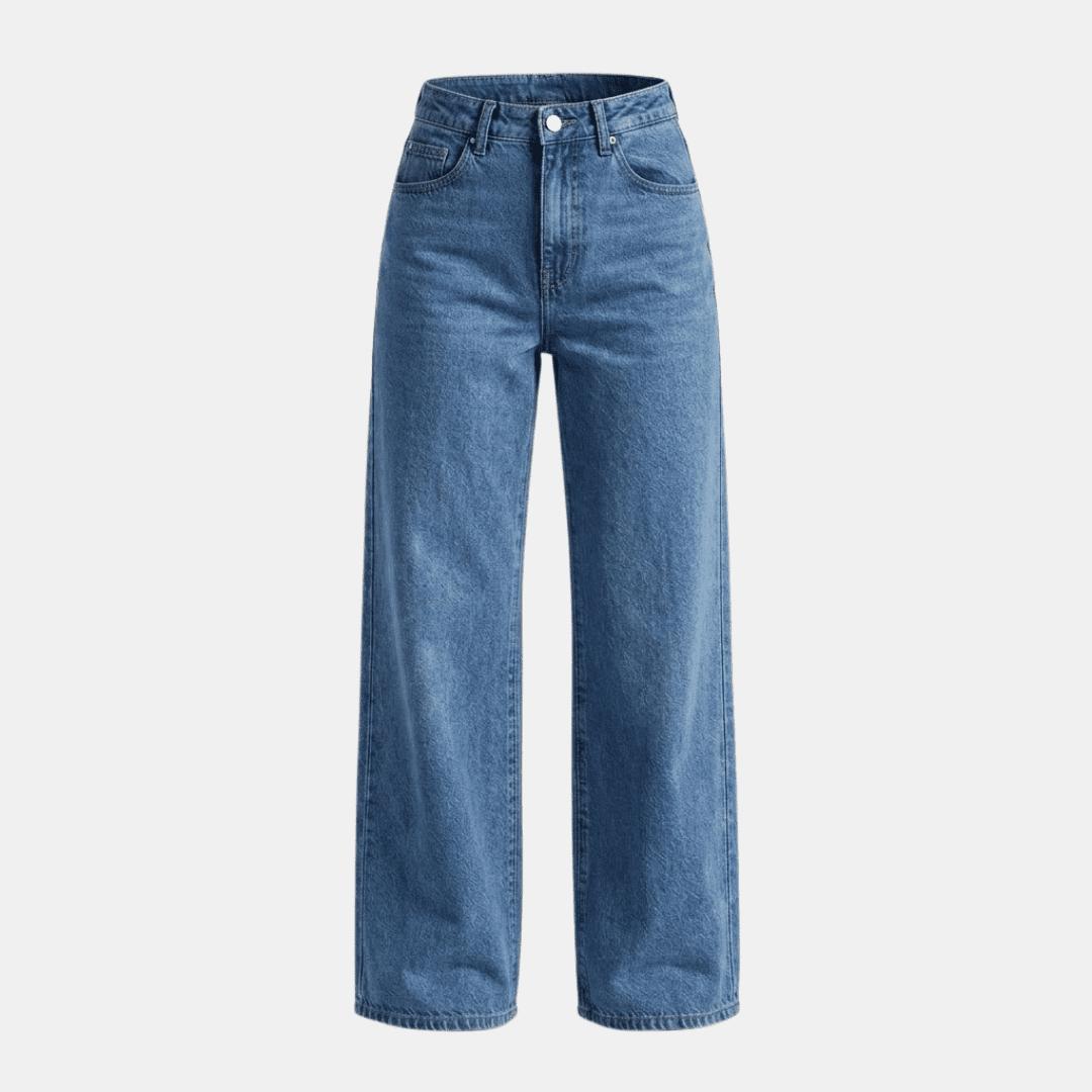 Women's high-waisted wide-leg denim jeans by Tammy Bradley, front view showing classic blue color and relaxed fit.