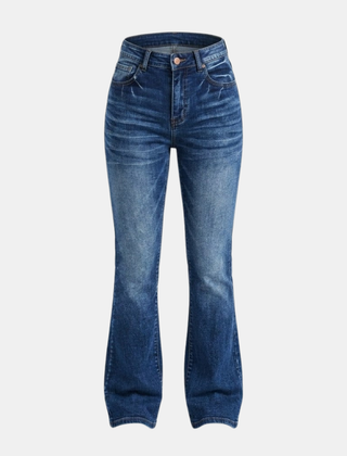 Women's high waist slim fit bootcut jeans in cotton denim, showing front view with pockets and belt loops.