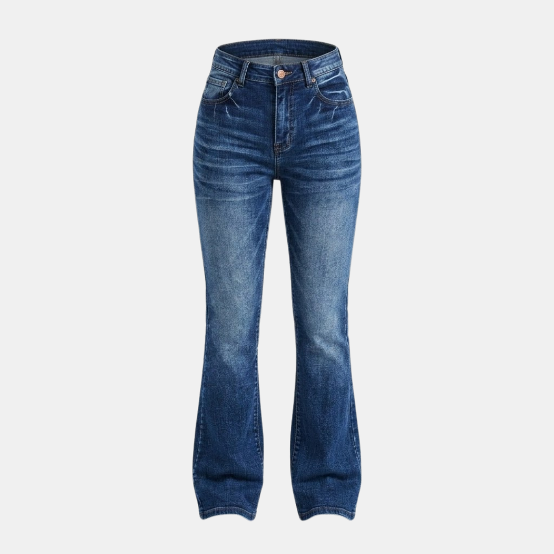 Women's high waist slim fit bootcut jeans in cotton denim, showing front view with pockets and belt loops.