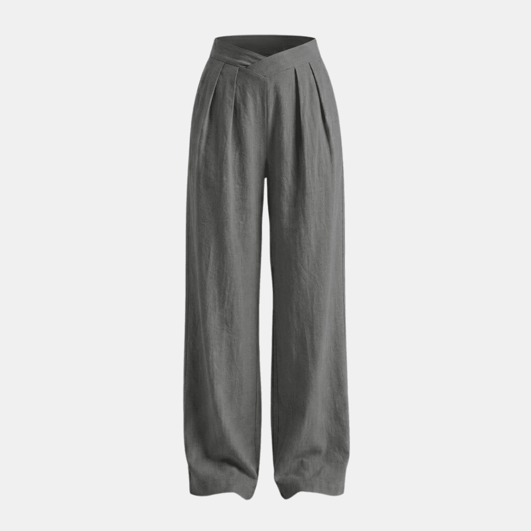 Women's Tammy Bradley wide-leg trousers with criss-cross waist design, loose fit, and flowing fabric.