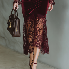 Burgundy velvet maxi dress from My Store featuring a flowing evening dress style with long sleeves and elegant fit.
