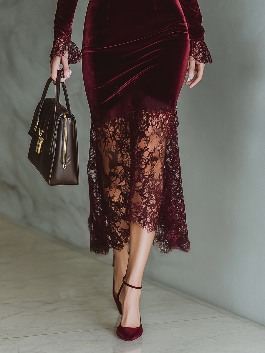 Burgundy velvet maxi dress from My Store featuring a flowing evening dress style with long sleeves and elegant fit.