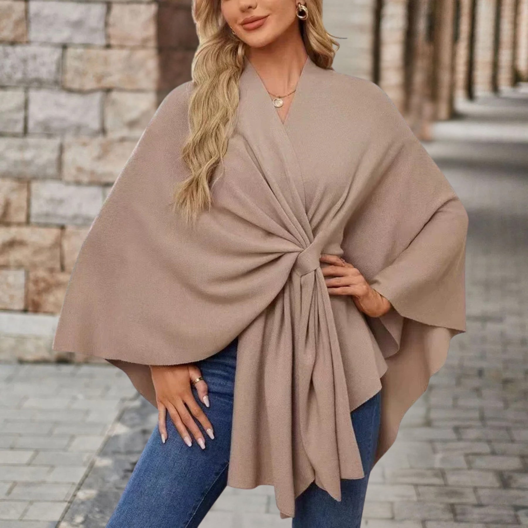 Poncho Sweater Women Draped Knot Detail Relaxed