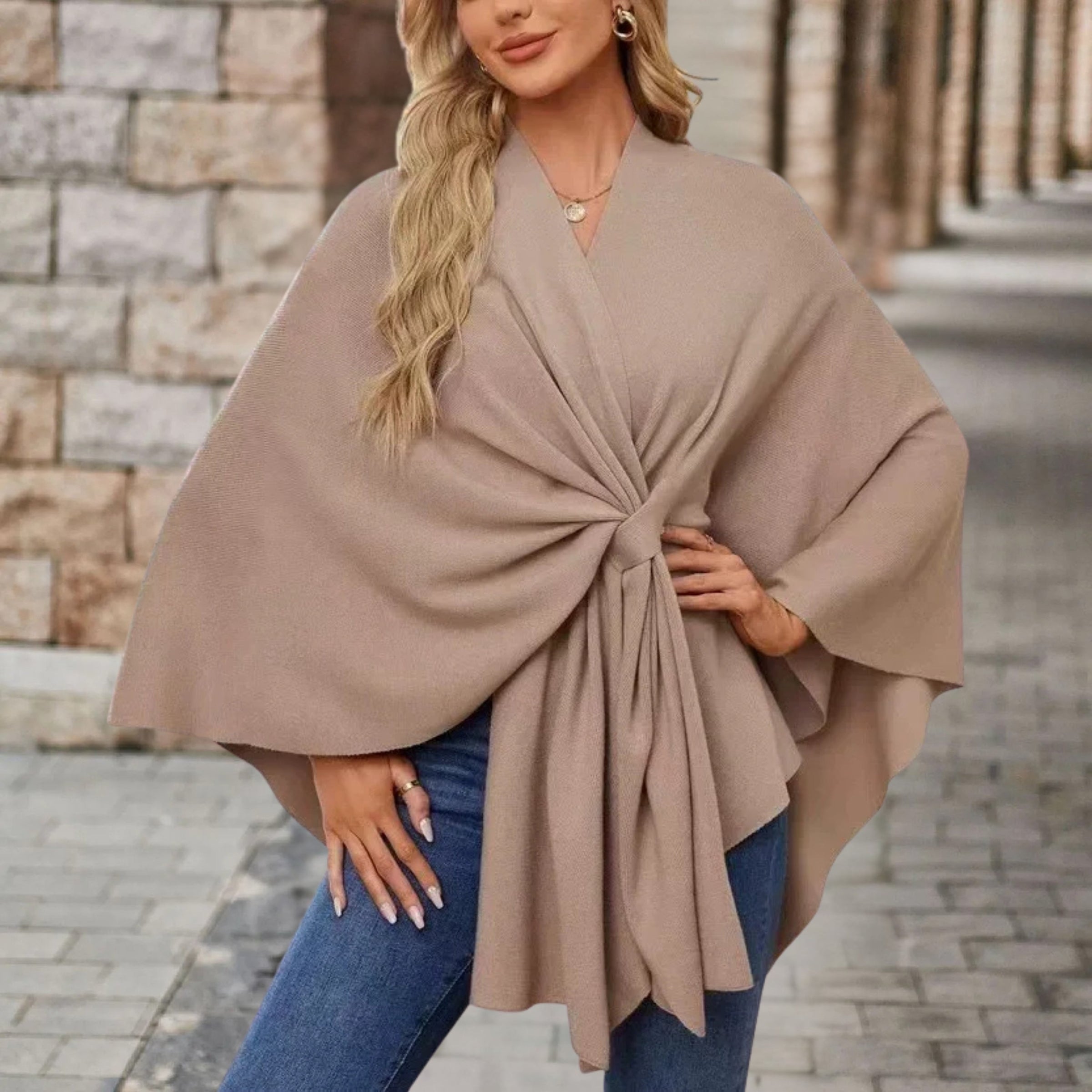 Poncho Sweater Women Draped Knot Detail Relaxed