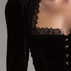 Black velvet lace long sleeve blouse for women, stylish and elegant, featuring intricate lace detailing and a fitted silhouette.