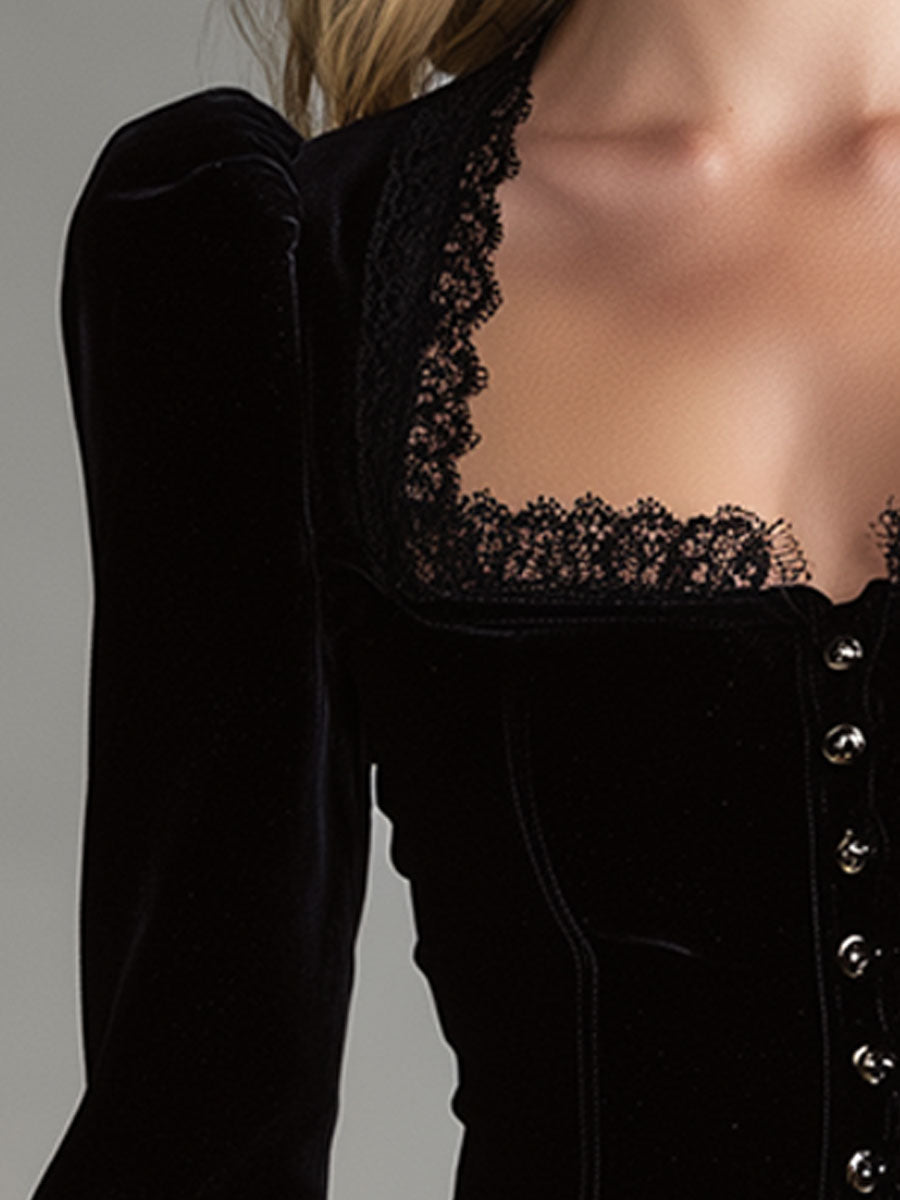 Black velvet lace long sleeve blouse for women, stylish and elegant, featuring intricate lace detailing and a fitted silhouette.