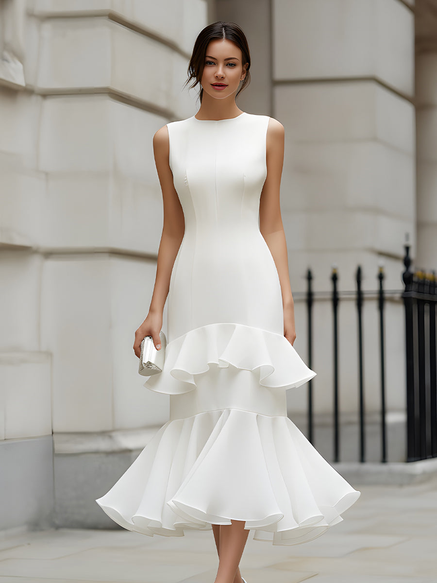 Sleeveless tiered ruffle midi dress from My Store featuring flowing fabric and layered ruffle details.