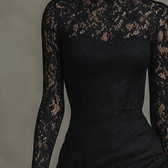 Black lace fishtail maxi dress, elegant evening dress with intricate lace details and fitted silhouette, by My Store.