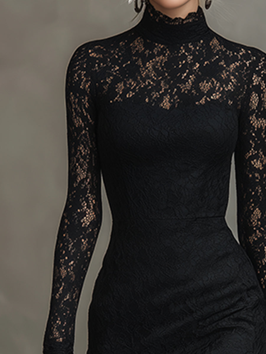 Black lace fishtail maxi dress, elegant evening dress with intricate lace details and fitted silhouette, by My Store.