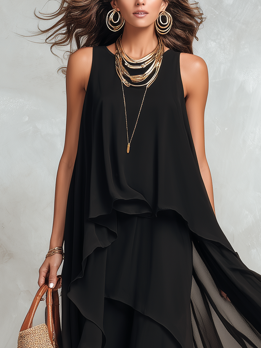 Black layered chiffon maxi dress with bohemian style, featuring flowing fabric and intricate detailing, perfect for elegant occasions.