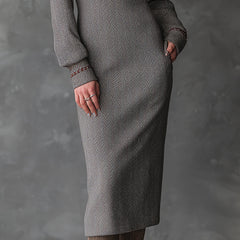 Ash taupe herringbone knit midi dress by My Store featuring bohemian style and a flattering fit.
