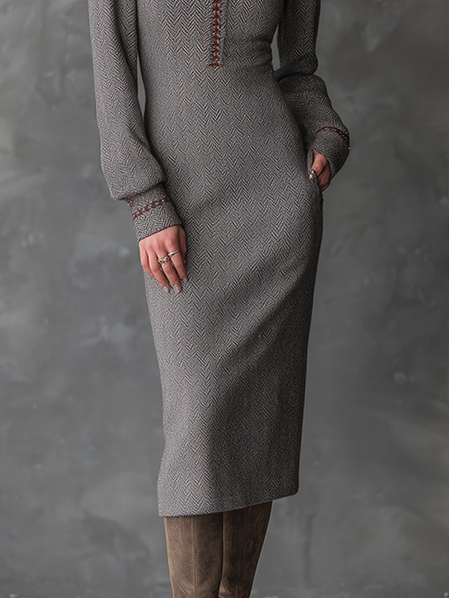 Ash taupe herringbone knit midi dress by My Store featuring bohemian style and a flattering fit.