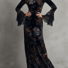 Velvet floral midnight evening dress by My Store featuring a elegant design and intricate floral pattern.