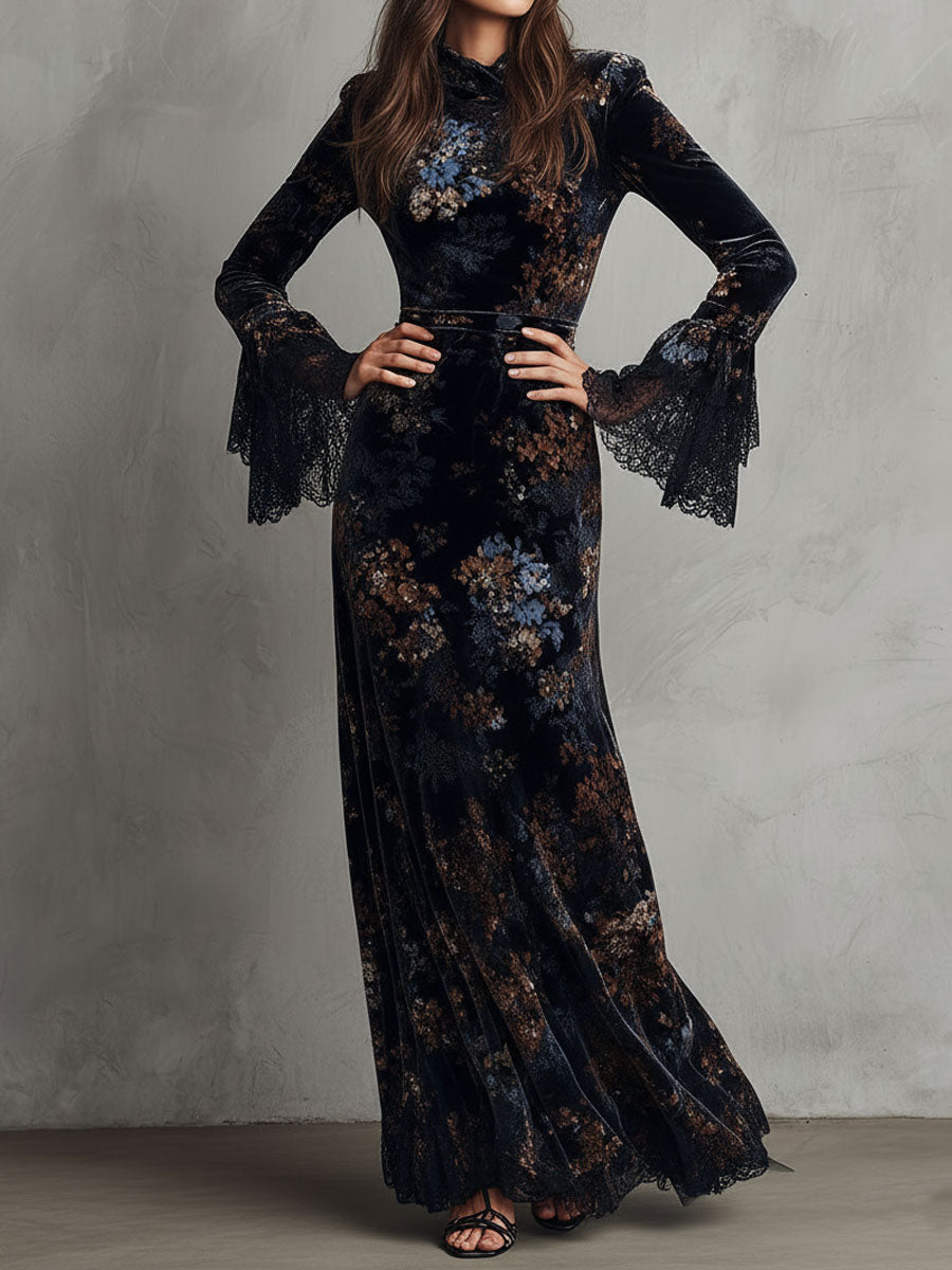 Velvet floral midnight evening dress by My Store featuring a elegant design and intricate floral pattern.