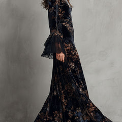 Velvet floral midnight evening dress with long sleeves and intricate floral pattern, elegant and suitable for formal occasions.