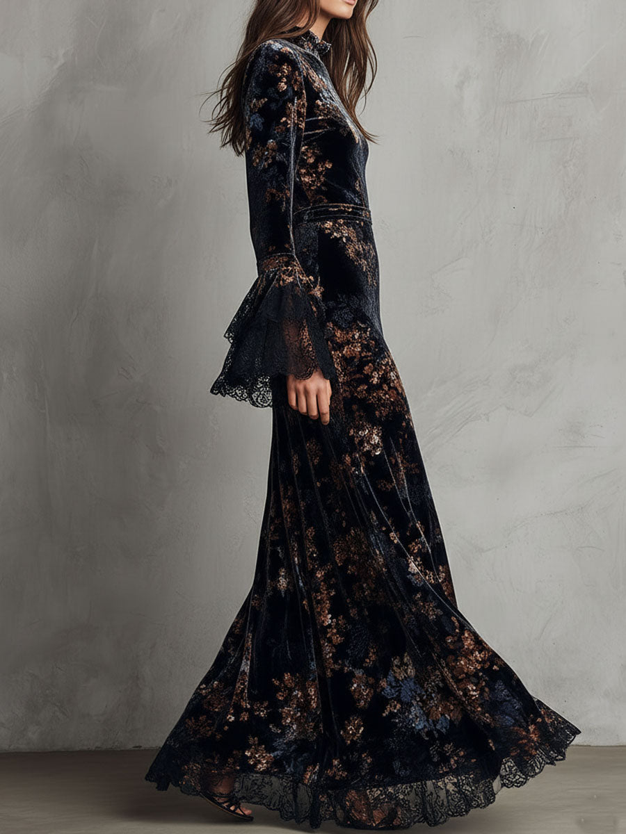 Velvet floral midnight evening dress with long sleeves and intricate floral pattern, elegant and suitable for formal occasions.