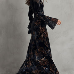 Velvet floral midnight evening dress by My Store featuring a flowing design and intricate floral patterns.