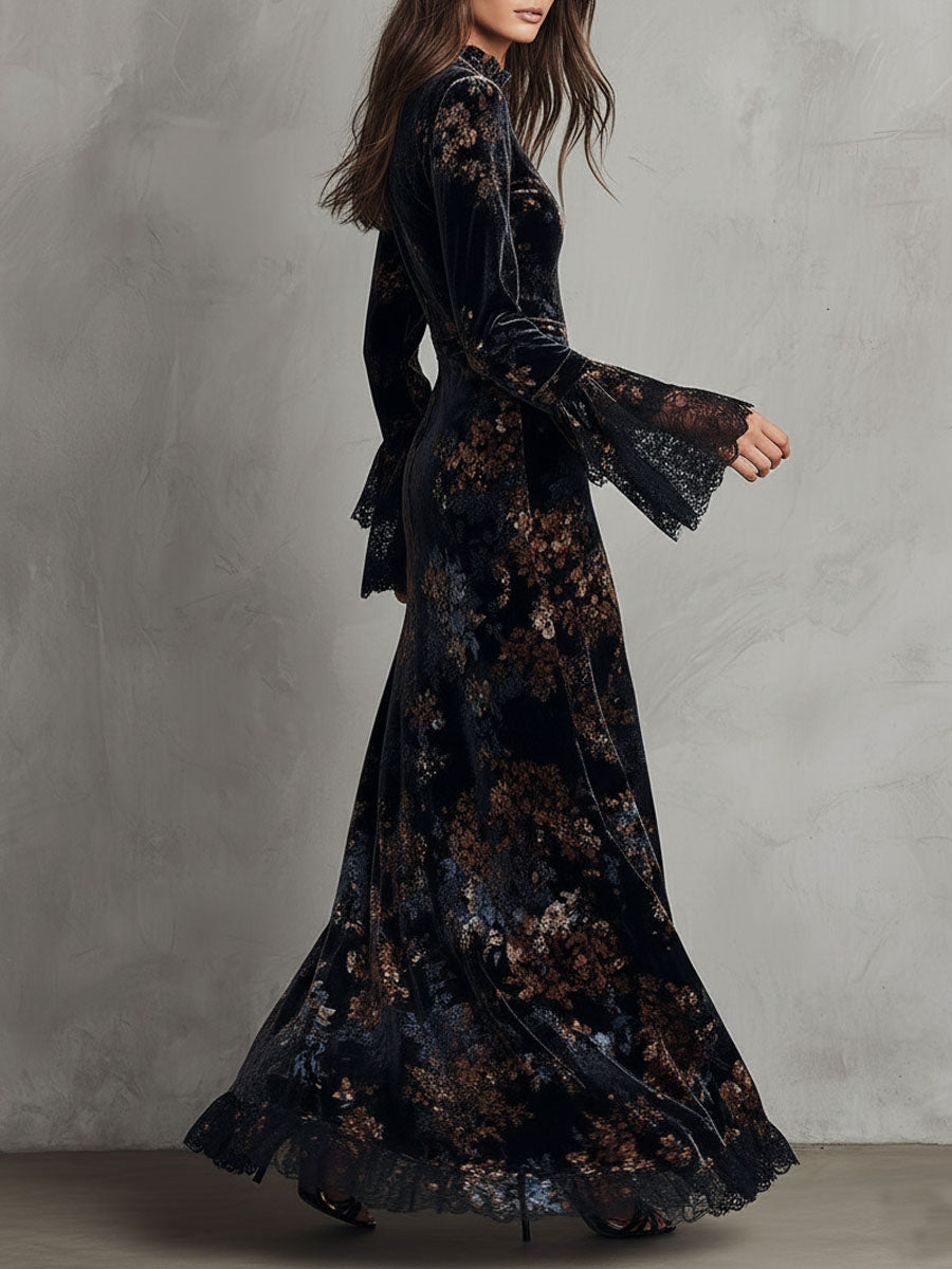 Velvet floral midnight evening dress by My Store featuring a flowing design and intricate floral patterns.