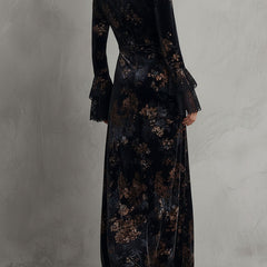 Velvet floral midnight evening dress from My Store, featuring a fitted design with floral embroidery and elegant long sleeves.