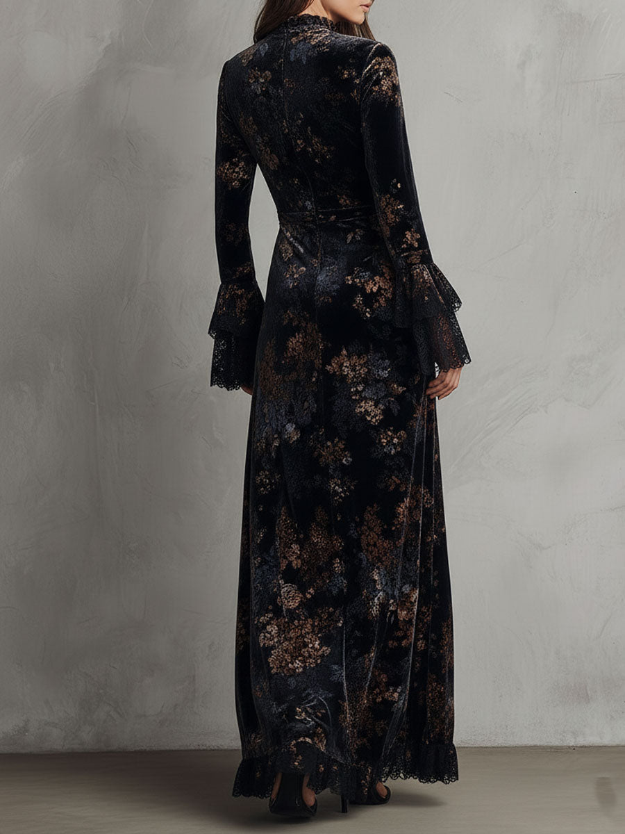 Velvet floral midnight evening dress from My Store, featuring a fitted design with floral embroidery and elegant long sleeves.