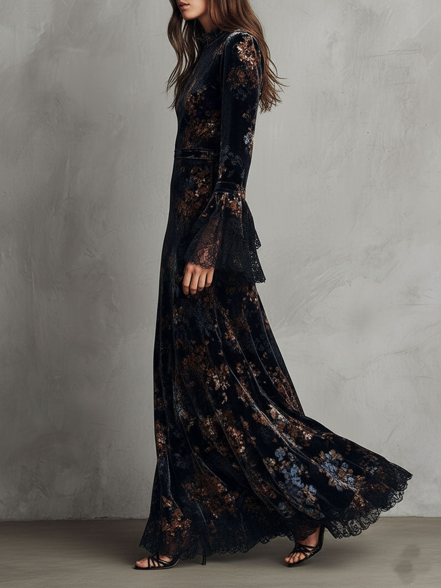 Velvet floral midnight evening dress by My Store featuring a stylish, elegant design ideal for formal occasions.