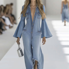 Light blue denim flared long sleeve jumpsuit with wide-leg pants for women, featuring a stylish and comfortable design.