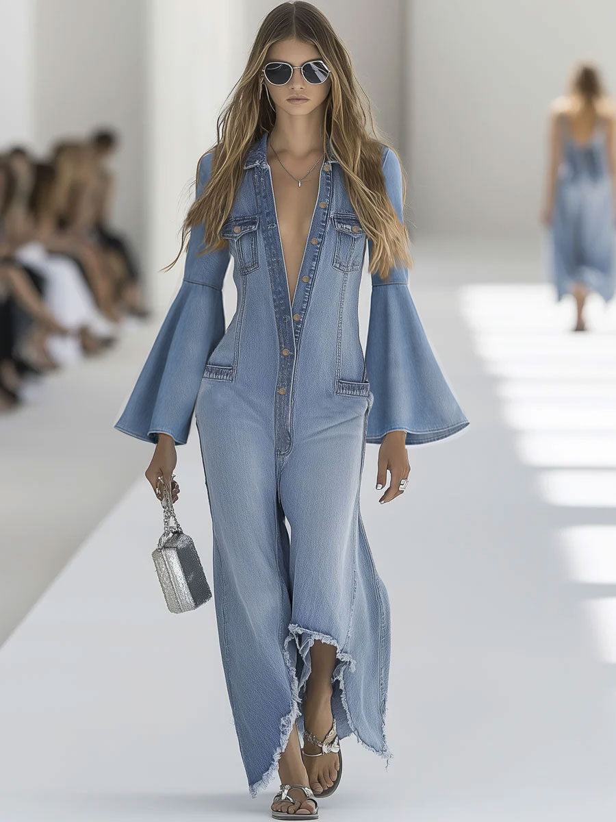 Light blue denim flared long sleeve jumpsuit with wide-leg pants for women, featuring a stylish and comfortable design.