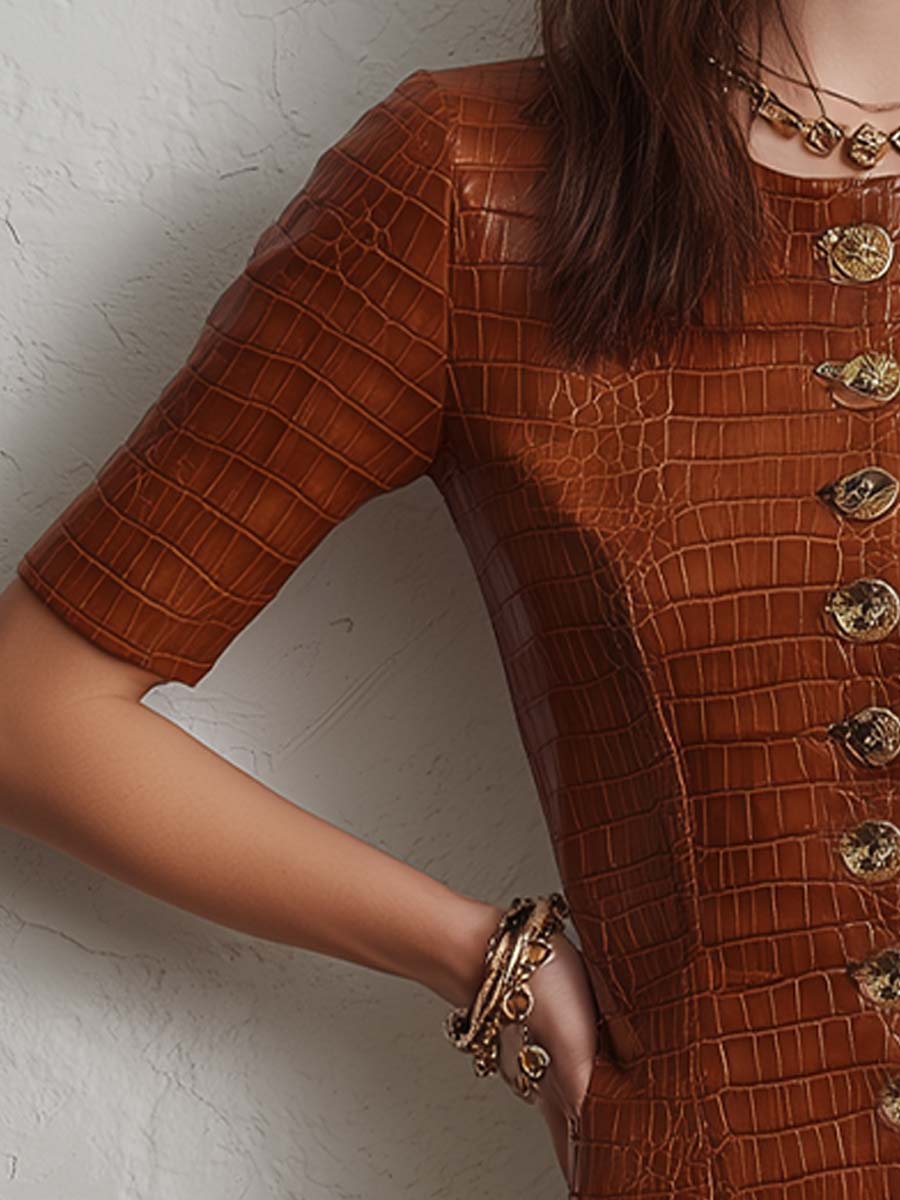Caramel croc-embossed faux leather midi dress with long sleeves and a fitted silhouette, featuring a stylish and textured design.