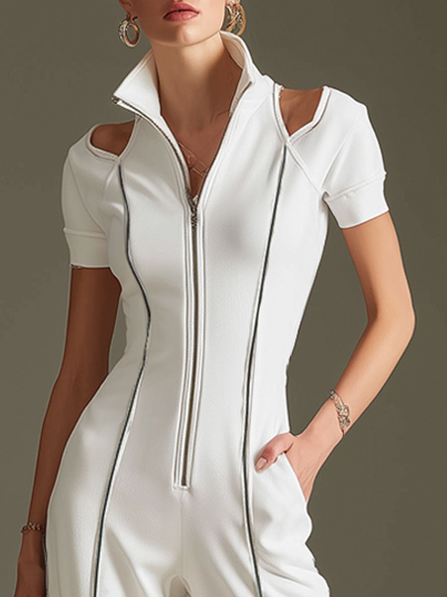 White cotton blend short sleeve wide-leg jumpsuit for women, stylish and comfortable pants from My Store.