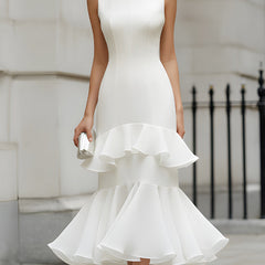 Sleeveless tiered ruffle midi dress from My Store featuring flowing fabric and layered ruffle details, ideal for summer wear.