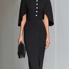 Black cape-sleeve midi sheath dress by My Store, stylish cocktail dress featuring elegant cape sleeves and a fitted silhouette.