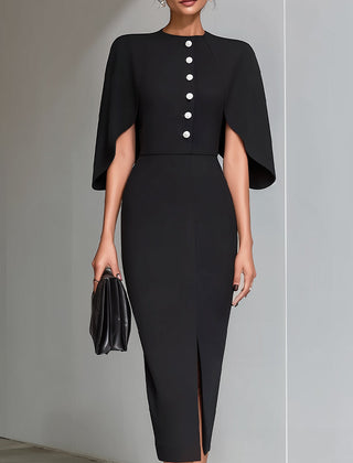 Black cape-sleeve midi sheath dress by My Store, stylish cocktail dress featuring elegant cape sleeves and a fitted silhouette.