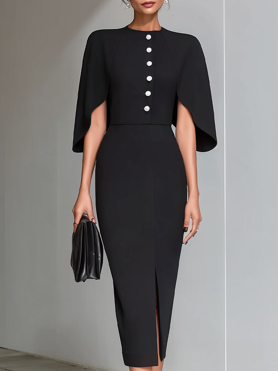 Black cape-sleeve midi sheath dress by My Store, stylish cocktail dress featuring elegant cape sleeves and a fitted silhouette.