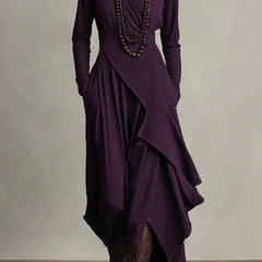 Solid color high-neck long-sleeved irregular casual maxi dress by My Store, displayed on a hanger with a flowing silhouette.