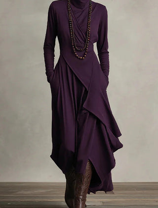 Solid color high-neck long-sleeved irregular casual maxi dress by My Store, displayed on a hanger with a flowing silhouette.