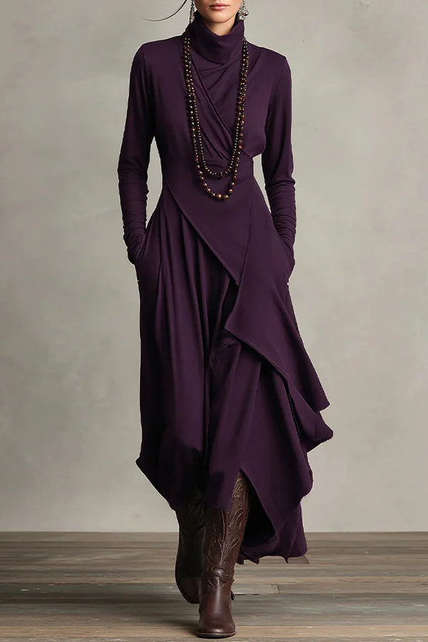 Solid color high-neck long-sleeved irregular casual maxi dress by My Store, displayed on a hanger with a flowing silhouette.