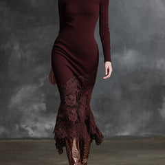 Burgundy lace maxi dress by My Store featuring a flowing evening dress with intricate lace details and a flattering silhouette.