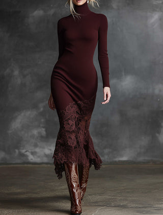 Burgundy lace maxi dress by My Store featuring a flowing evening dress with intricate lace details and a flattering silhouette.