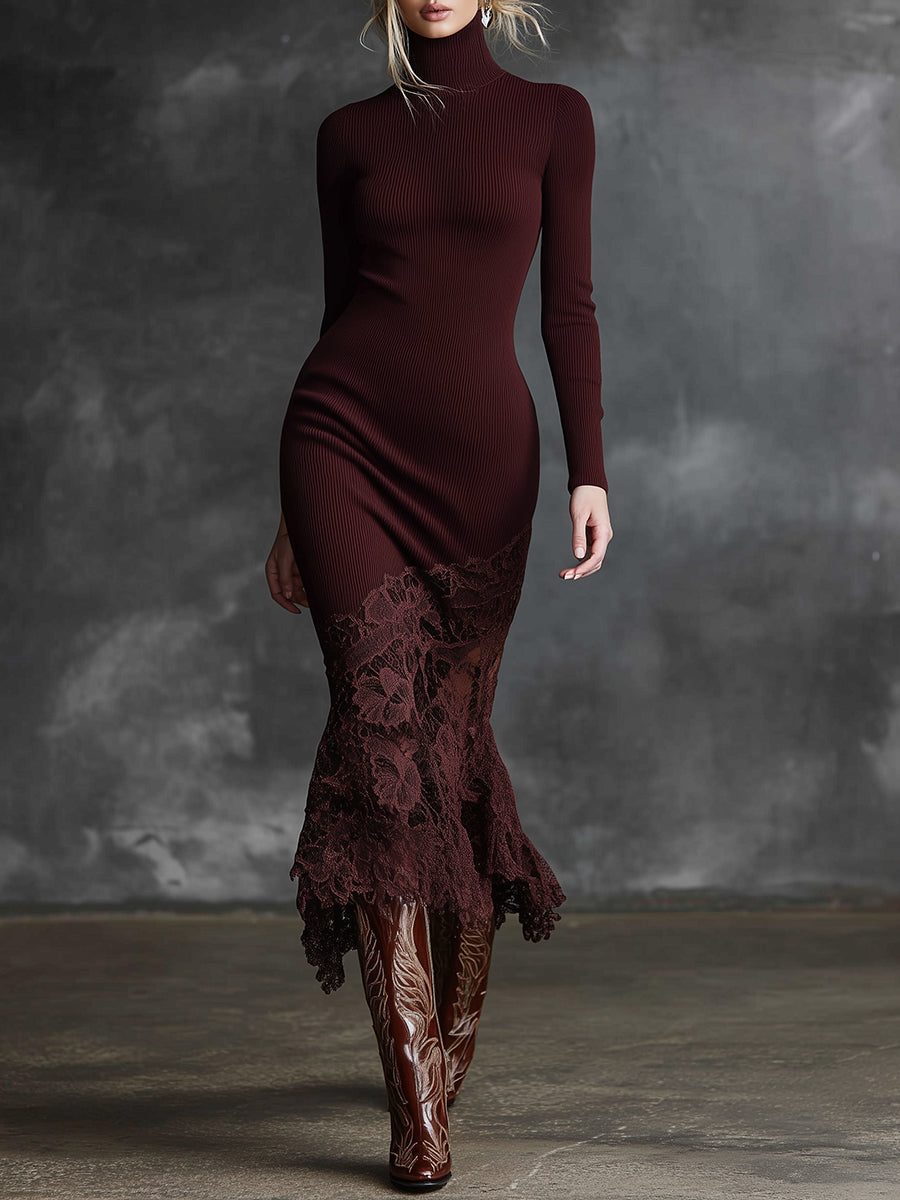 Burgundy lace maxi dress by My Store featuring a flowing evening dress with intricate lace details and a flattering silhouette.