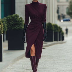 Deep burgundy draped wrap midi dress by My Store, featuring elegant summer business dress design, shown hanging on a mannequin.