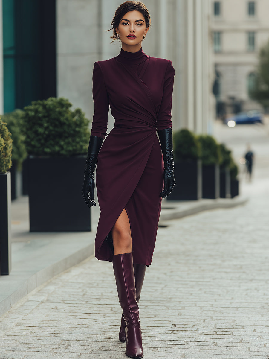 Deep burgundy draped wrap midi dress by My Store, featuring elegant summer business dress design, shown hanging on a mannequin.