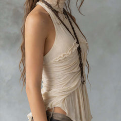 Ivory pleated halter neck chiffon sleeveless blouse for women, stylish and elegant top with pleated design and halter neckline.