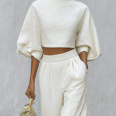 Cream textured lantern sleeve two-piece set with pants for women, stylish and comfortable outfit from My Store.