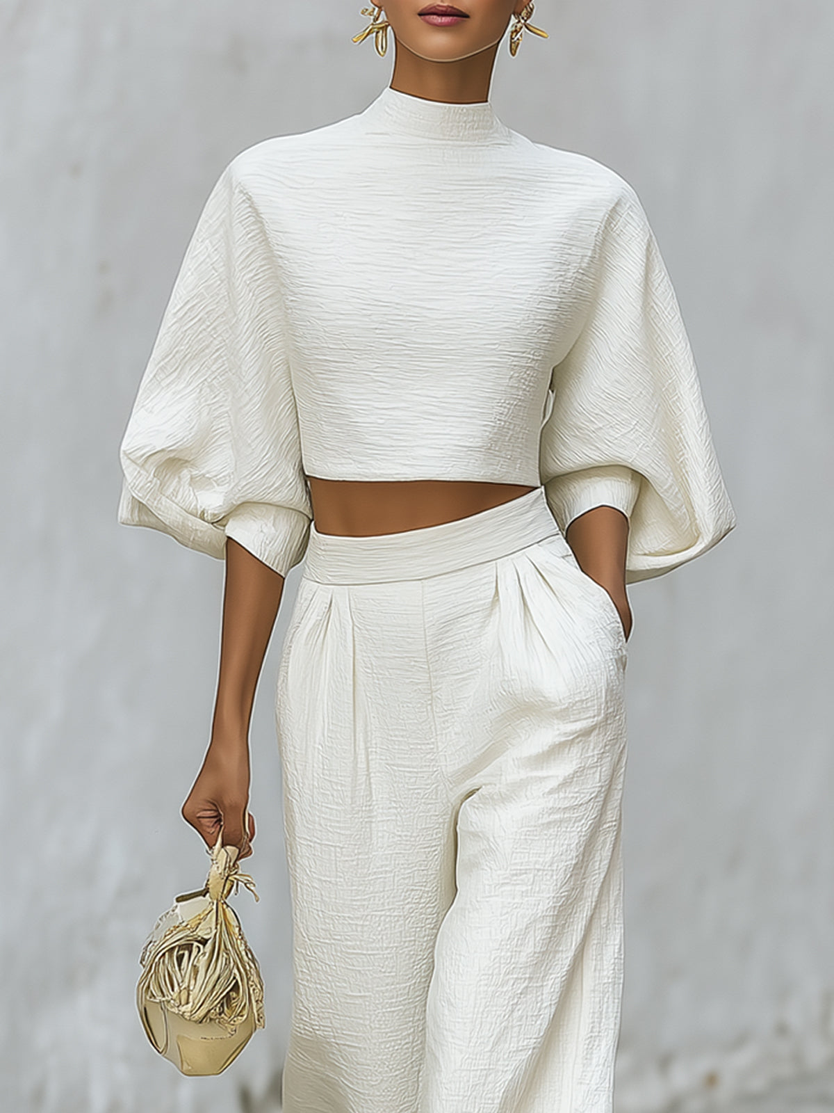 Cream textured lantern sleeve two-piece set with pants for women, stylish and comfortable outfit from My Store.