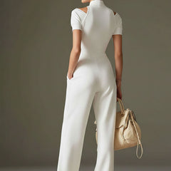 White cotton blend short sleeve wide-leg jumpsuit for women, featuring a relaxed fit and stylish design.