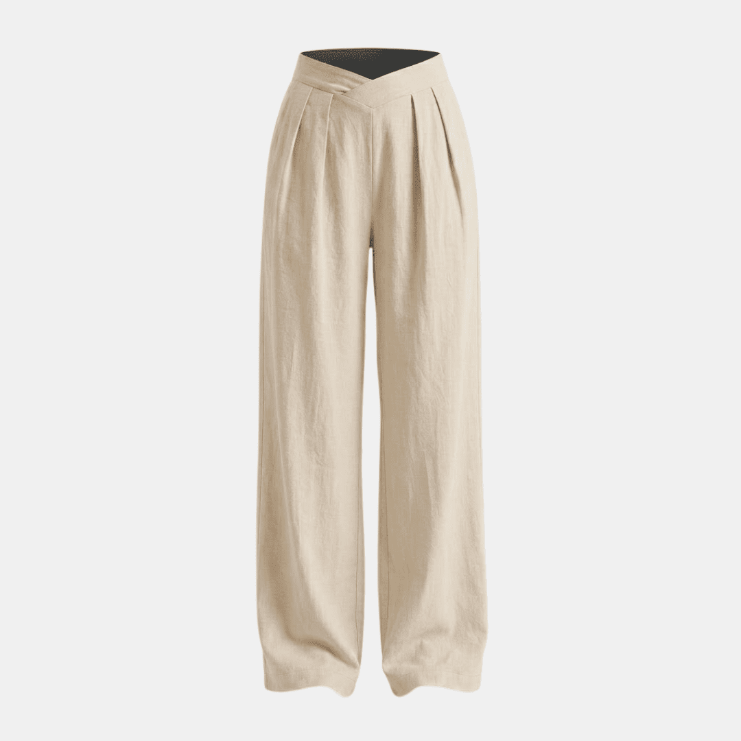 Women's Tammy Bradley criss-cross waist wide-leg trousers, stylish pants with a high waist and flowing wide-leg fit.
