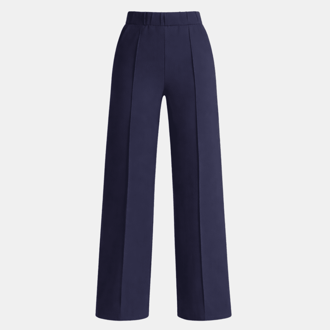 Women's high-waist wide-leg trousers by Tammy Bradley, tailored fit, in a neutral fabric, displayed on a hanger.