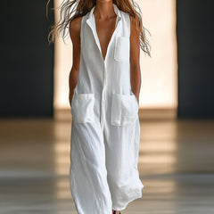 White linen sleeveless wide-leg jumpsuit for women, stylish pants by My Store, featuring a relaxed fit and wide-leg design.