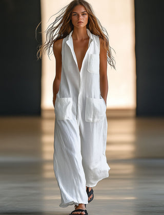 White linen sleeveless wide-leg jumpsuit for women, stylish pants by My Store, featuring a relaxed fit and wide-leg design.